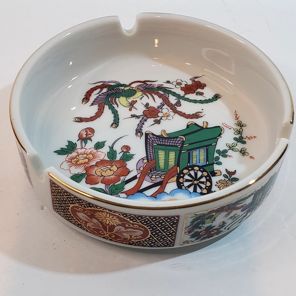 Vintage Porcelain IMARI Japanese Ashtray Heritage Mint Bird Carriage Design 4.5"